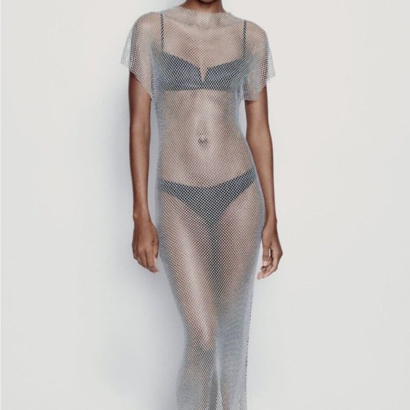 ZARA NEW NWT WOMAN MESH MIDI DRESS WITH RHINESTONES GREY 7901/931 SMALL S - Picture 1 of 2